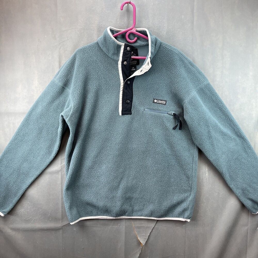 Columbia Helveria Sherpa Jacket Mens L Blue 1/4 Snap Button Up Outdoor Hiking